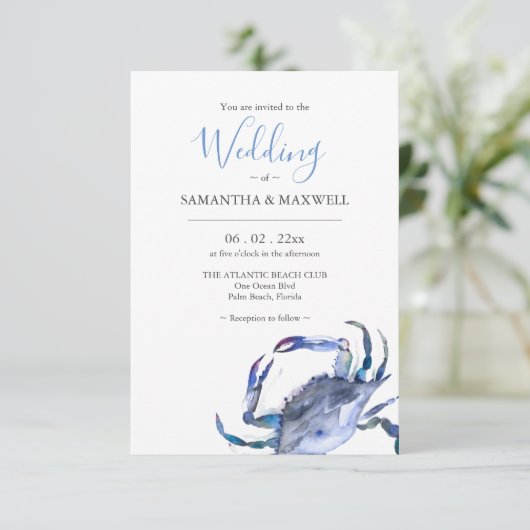Strand bruiloft uitnodigingen Waterverf krab (Staand voorkant)