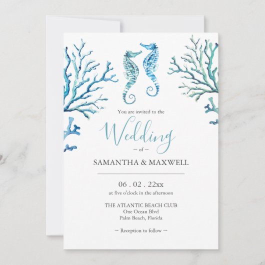 Strand bruiloft uitnodigingen Waterverf zeepaardje (Voorkant)