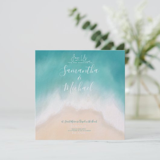 Strand bruiloft waterverf Island Uitnodiging (Staand voorkant)