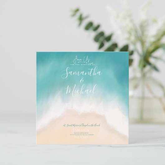 Strand bruiloft waterverf Island Uitnodiging (Staand voorkant)