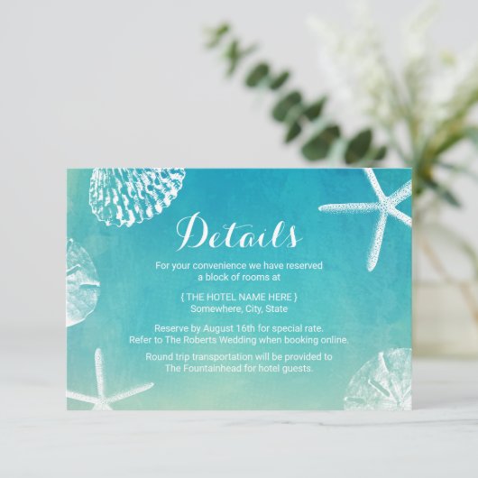 Strand Bruiloft Waterverf Seashells Details Informatiekaartje (Staand voorkant)