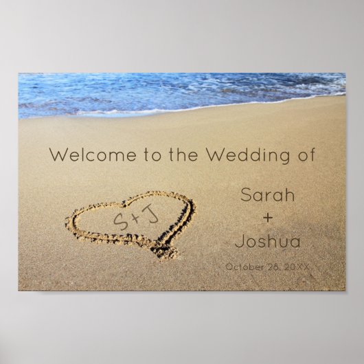 Strand Bruiloft Welkom Bord Zand Hart Initialen Poster (Voorkant)