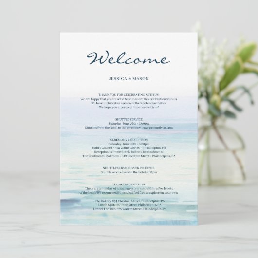 Strand bruiloft welkom reisbeschrijving brief programmakaart (Staand voorkant)