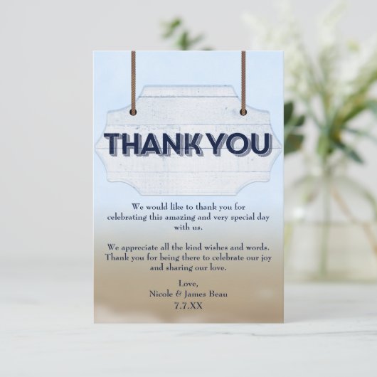 Strand Bruiloft Wit Hout Teken Dank u kaart (Staand voorkant)