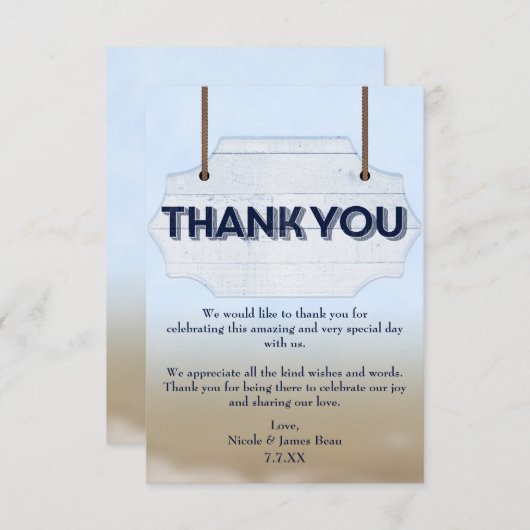 Strand Bruiloft Wit Hout Teken Dank u kaart (Voorkant / Achterkant)