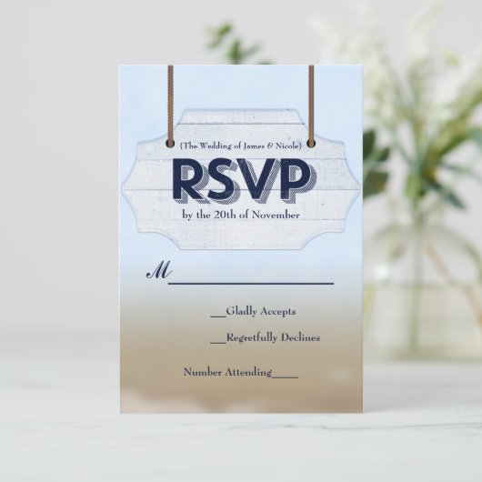 Strand Bruiloft Wit Hout Teken RSVP Reactie Kaart (Staand voorkant)