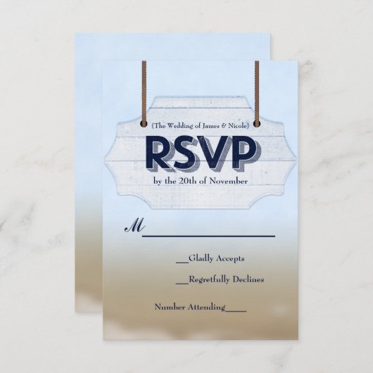 Strand Bruiloft Wit Hout Teken RSVP Reactie Kaart (Voorkant / Achterkant)