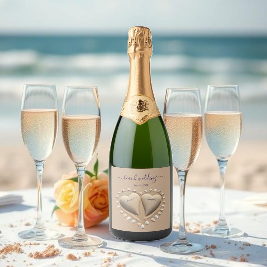 Strand Bruiloft Zand Harten Sparkling Wijnetiket