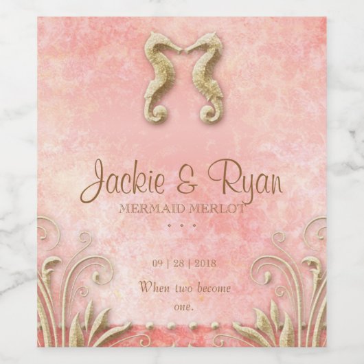 Strand Bruiloft Zeepaardje Koraal Goud Wijn Label Wijn Etiket (Enkel label)