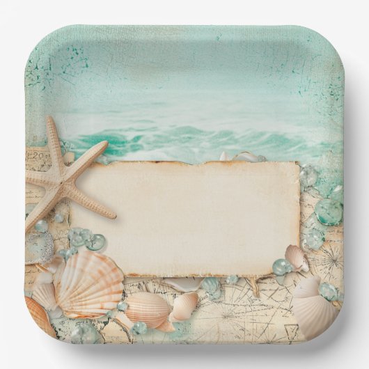 Strand bruiloft zeeschelpen 2 papieren bordje (Voorkant)