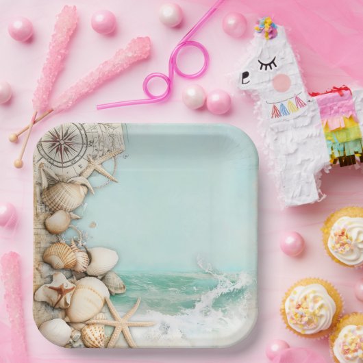 Strand bruiloft zeeschelpen 3 papieren bordje (Feest)