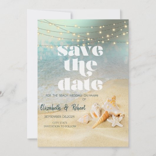 Strand Bruiloft Zeeschelpen String Lights Save The Save The Date (Voorkant)