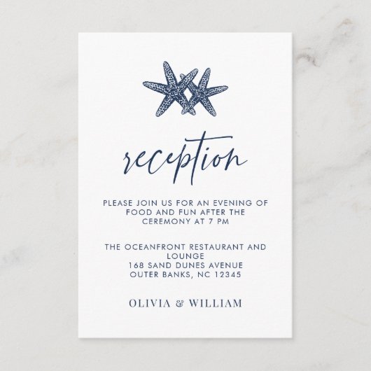 Strand Bruiloft Zeester Navy Blauw Receptie Informatiekaartje (Voorkant)