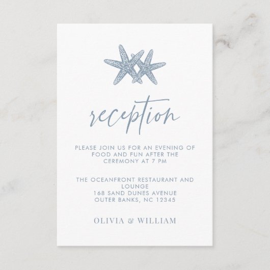 Strand Bruiloft Zeester Stoffig Blauw Receptie Informatiekaartje (Voorkant)