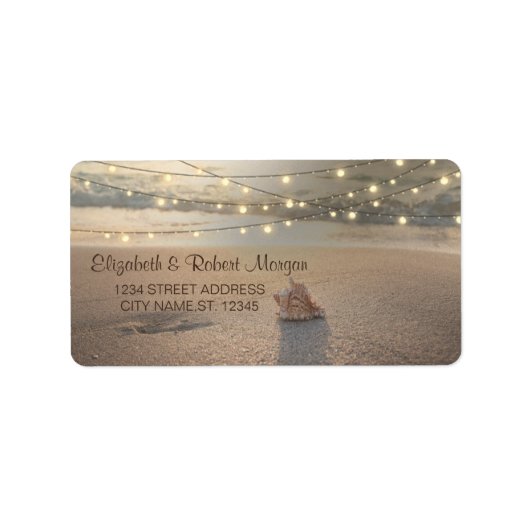 Strand Bruiloft, Zonsondergang Schelp Snoer Lichtj Etiket (Voorkant)
