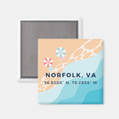Strand Button Magnet - Coördinaten van Norfolk VA (Voorkant / Achterkant)