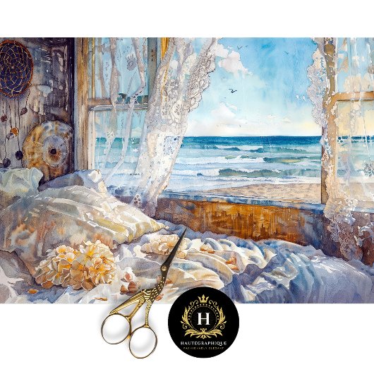 Strand caravan slaapkamer uitzicht decoupage tissuepapier