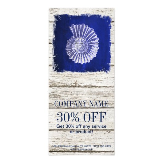 Strand chique drift hout nautische blauwe schelpen reclamekaart (Voorkant)