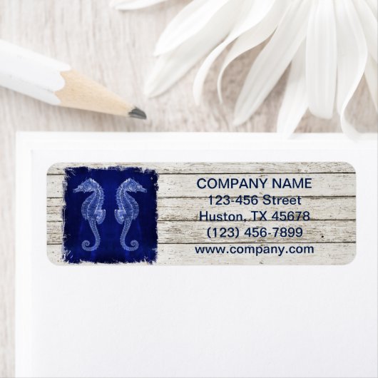 Strand chique drift hout nautische blauwe zeepaard etiket (Insitu)