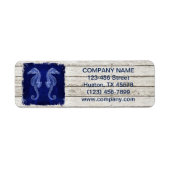 Strand chique drift hout nautische blauwe zeepaard etiket (Voorkant)