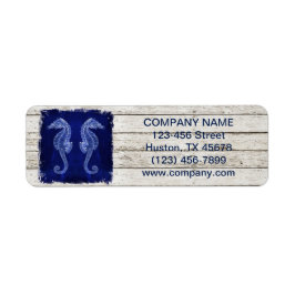 Strand chique drift hout nautische blauwe zeepaard etiket