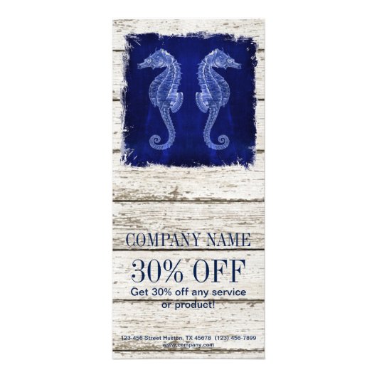 Strand chique drift hout nautische blauwe zeepaard reclamekaart (Voorkant)