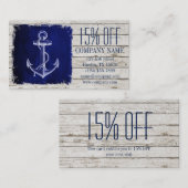 Strand chique hout nautische marine blauw anker kortingskaartje (Voorkant / Achterkant)