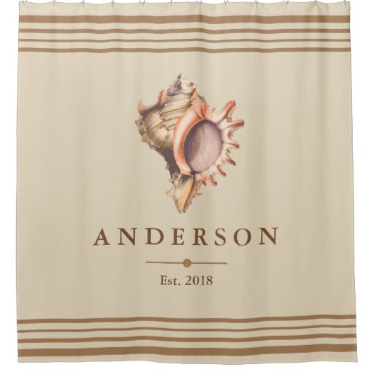 Strand Conch Shell & Taupe | Gepersonaliseerd Douchegordijn (Voorkant)