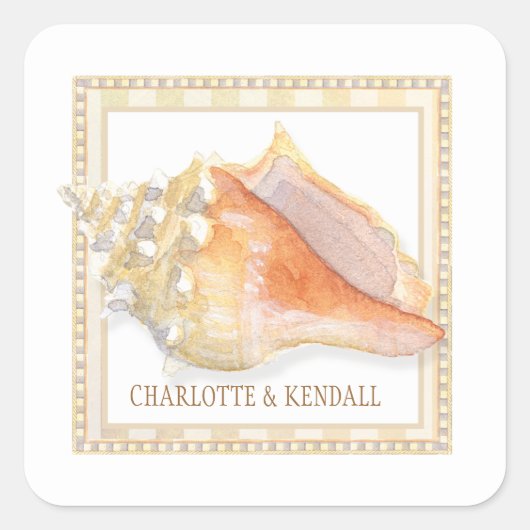 Strand Damast Conch Shell Bruiloft Envelope Seals Vierkante Sticker (Voorkant)
