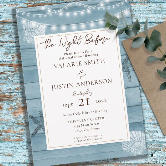 Strand de nacht voor bruiloft repetitie diner kaart