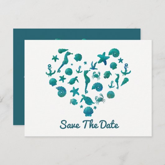 Strand Dingen Blauwgroen Waterverf Modern Save the Aankondigingskaart (Voorkant / Achterkant)