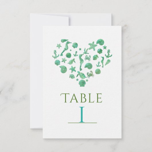 Strand Dingen Groen Aquarel Tafel Nummer Kaarten (Voorkant)