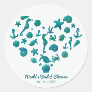 Strand Dingen Teal Watercolor Modern Feest Favor Ronde Sticker