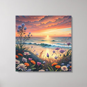 Strand en bloemen canvas kunst