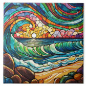 Strand en golven Glas in lood kunst Tegeltje (Voorkant)