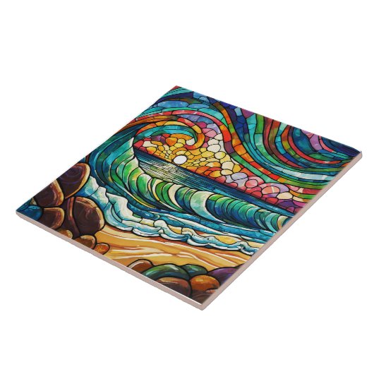 Strand en golven Glas in lood kunst Tegeltje (Zijkant)