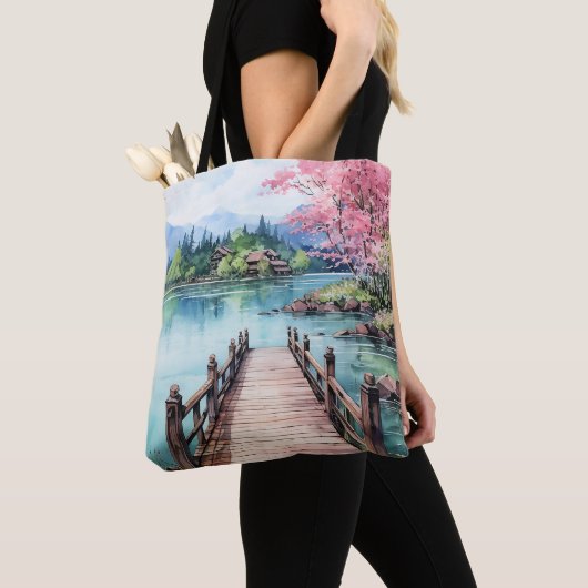 Strand en meer Waterverf achtergrond verf ontwerp Tote Bag (Dichtbij)