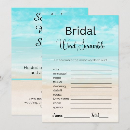 Strand en Oceaan Bruids Blauw Woord Scramble Game Kaart (Voorkant / Achterkant)