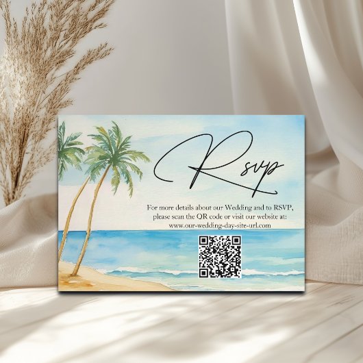 Strand en Palmbomen QR Code Huwelijk RSVP Kaart