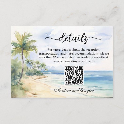 Strand en Palmbomen QR Code Trouwdetails Informatiekaartje (Voorkant)