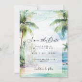 Strand en palmbomen slaan de datumkaart op bedankkaart (Voorkant)