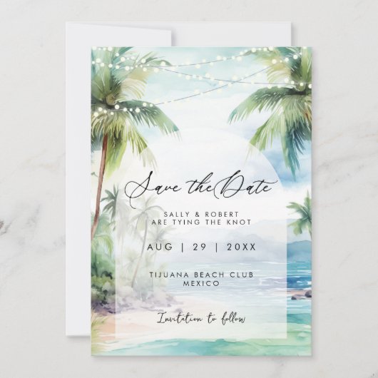 Strand en palmbomen slaan de datumkaart op bedankkaart (Voorkant)