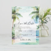 Strand en palmbomen slaan de datumkaart op bedankkaart (Staand voorkant)
