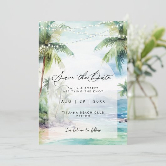 Strand en palmbomen slaan de datumkaart op bedankkaart (Staand voorkant)