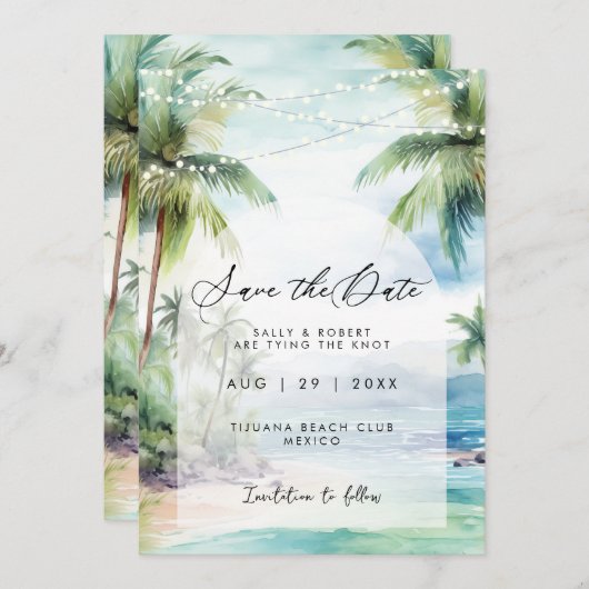 Strand en palmbomen slaan de datumkaart op bedankkaart (Voorkant / Achterkant)