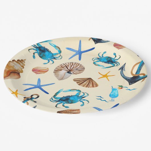 Strand en Zee leven thema patroon Papieren Bordje (Gekanteld)