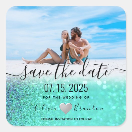 Strand Foto Bruiloft Save The Date Vierkante Stick Sticker (Voorkant)
