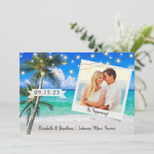 Strand Foto Palm Snoer Lichtjes Bestemming Save The Date (Staand voorkant)