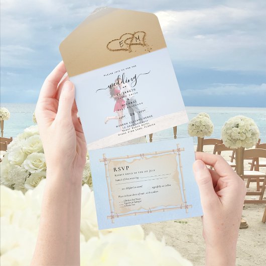 Strand Fotohuwelijk Uitnodiging RSVP Menu Harten Z