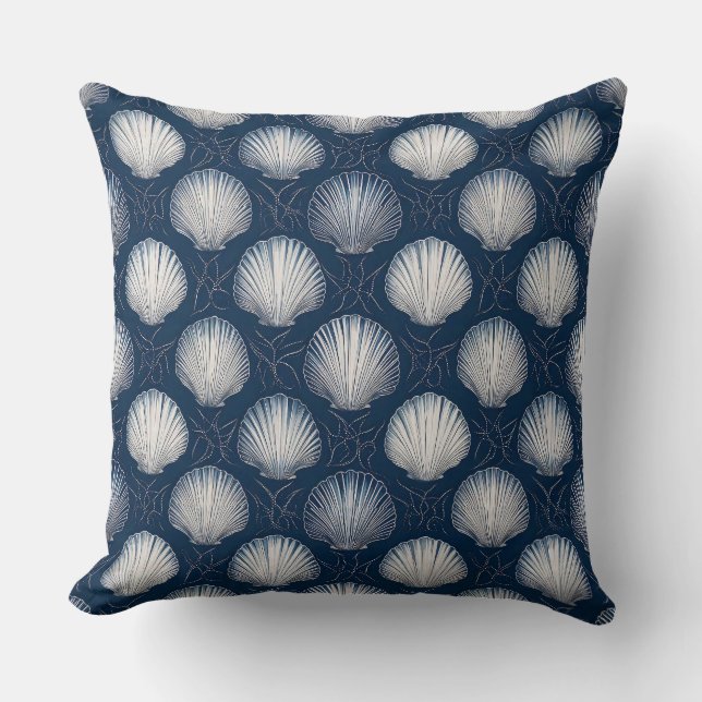 Strand-Geïnspireerde Navy en Witte Schelp  Kussen (Voorkant)